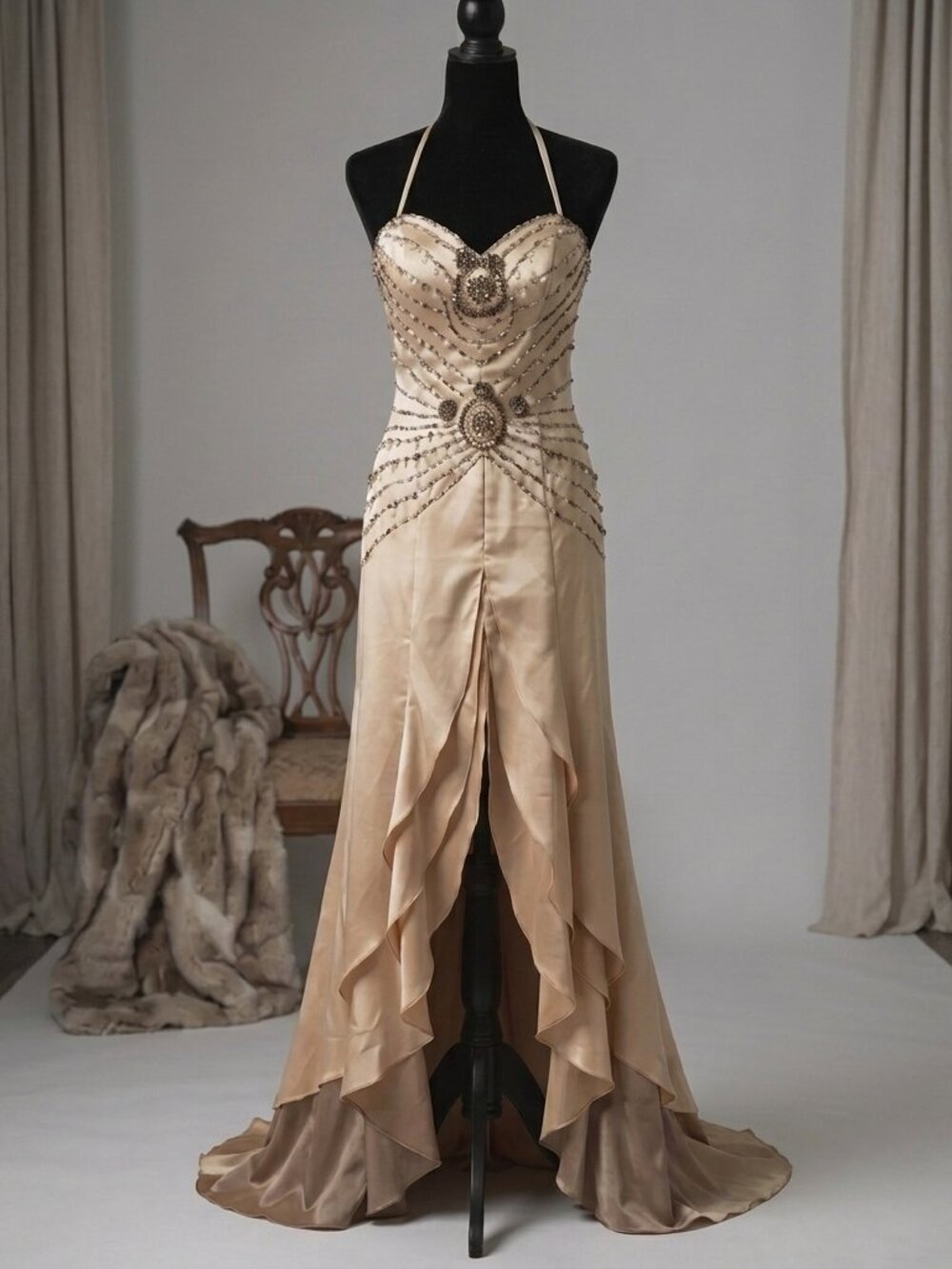 Tony Bowls Champagne Art Deco Silk Beaded Prom Hi-Low Maxi Dress Gatsby Gown S 6